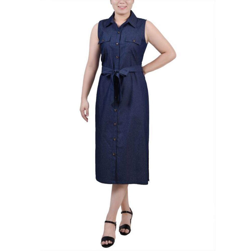 NY Collection Petite Sleeveless Belted Chambray Midi Dress